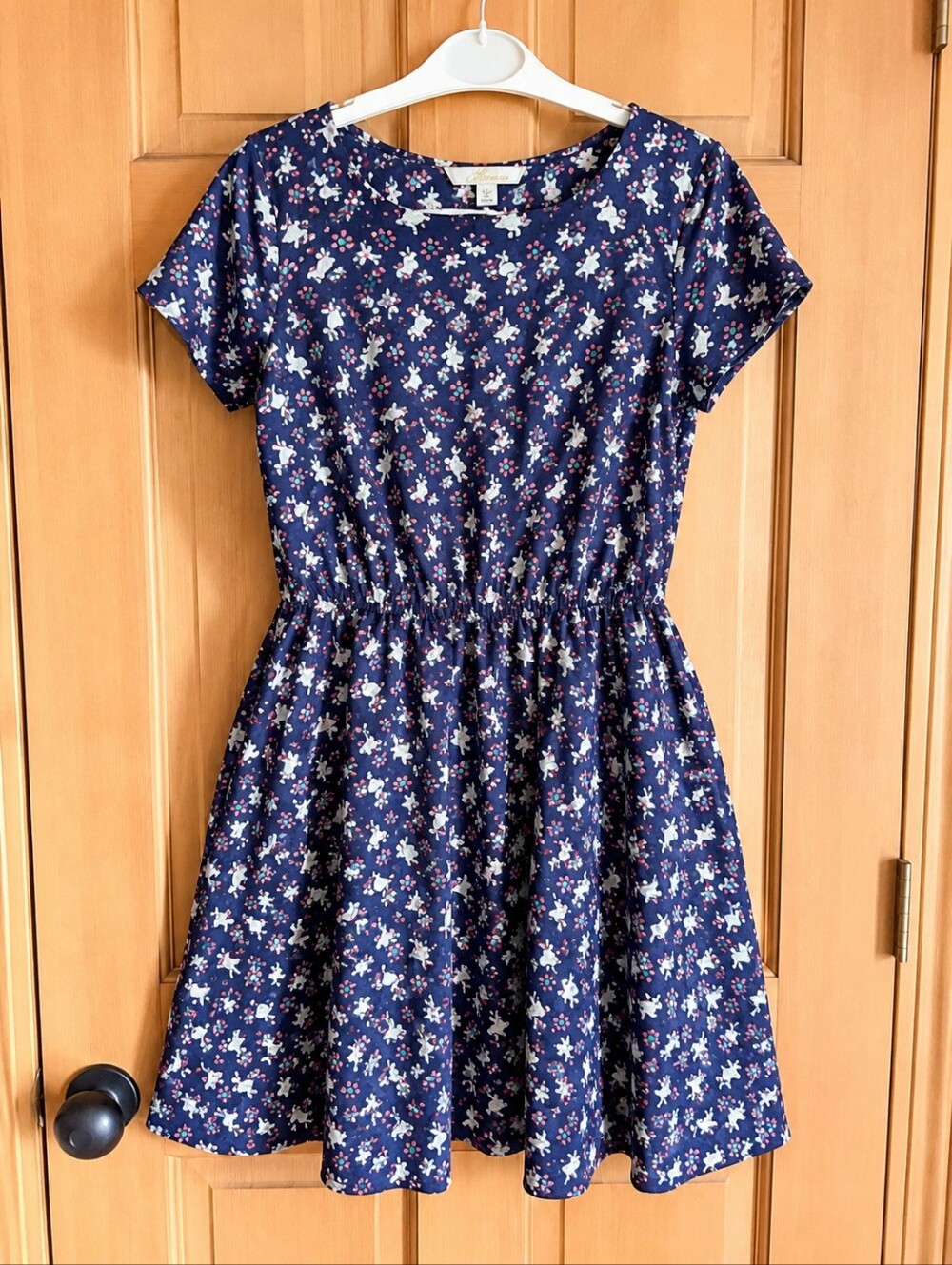 ModCloth Monteau Bunny Rabbit Print Fit & Flare Mini Dress Blue Pink L Juniors